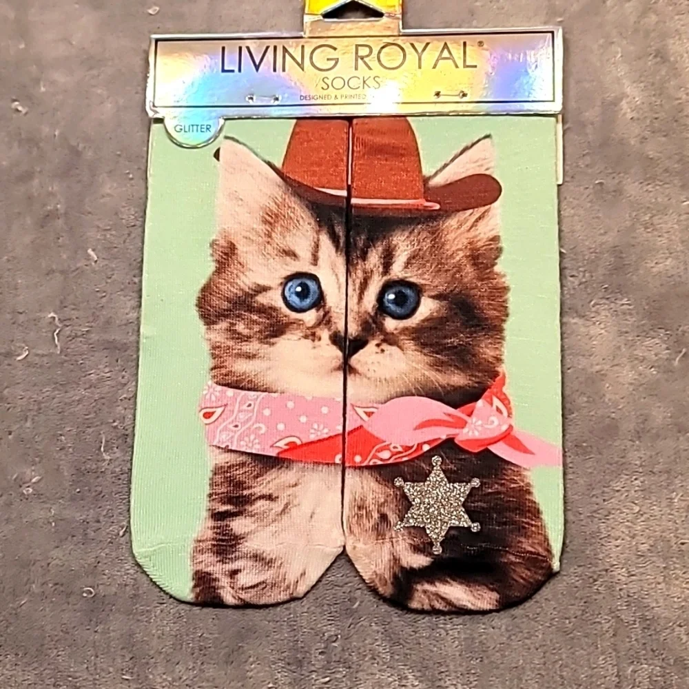 0372. New! Cowboy 🤠 Kitten 😸 Glitter Star 🌟 Made in the USA ~ Ankle Socks